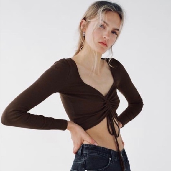 Zara Brown Ribbed Cinched Crop Top - Picture 1 of 3